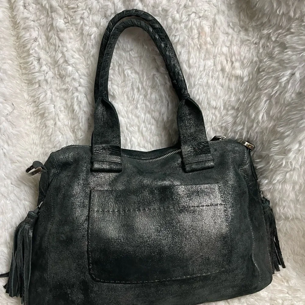Carla Mancini black metallic silver Medium Satchel bag silver tone hardwares